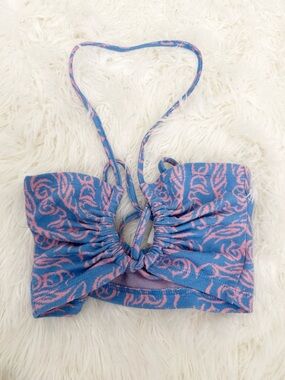 Blue & Pink Patterned Ruched Halter Tank Top